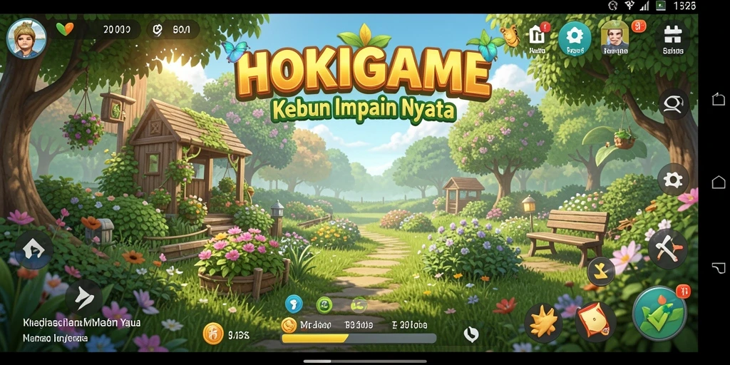 Tampilan gameplay HOKIGAME dengan kebun yang hijau subur.