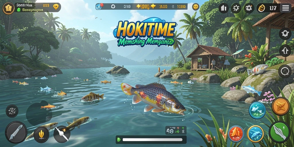Screenshot gameplay HOKITIME menunjukkan momen menangkap ikan yang mendebarkan.