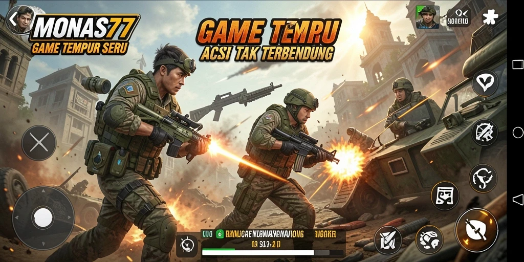 Screenshot gameplay MONAS77 menampilkan aksi mendebarkan di medan perang.