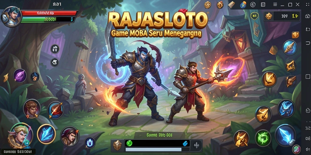 Tampilan gameplay seru RAJASLOTO dalam pertempuran MOBA.